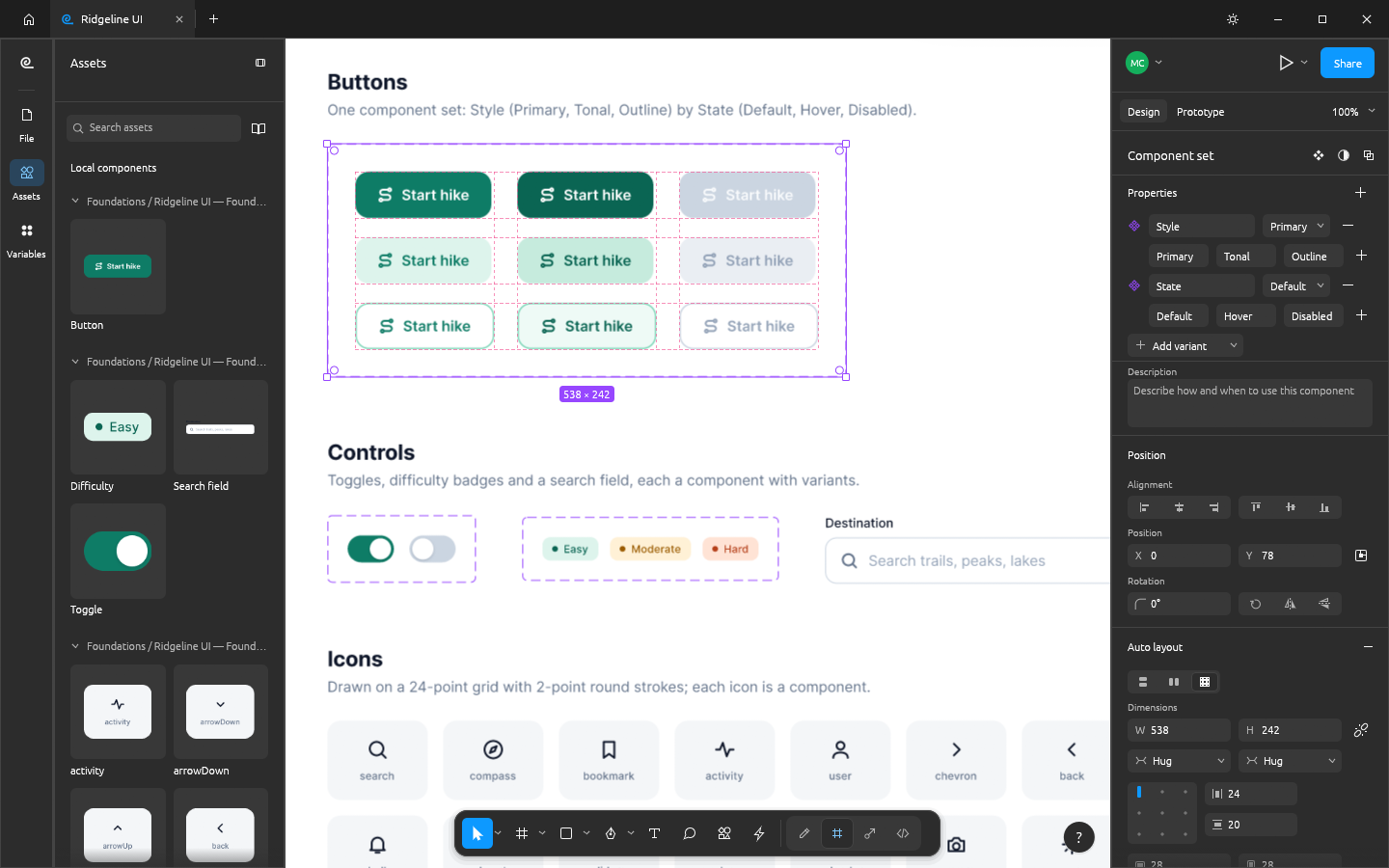 FigCraft design editor displaying reusable UI components, variants, and the Assets panel