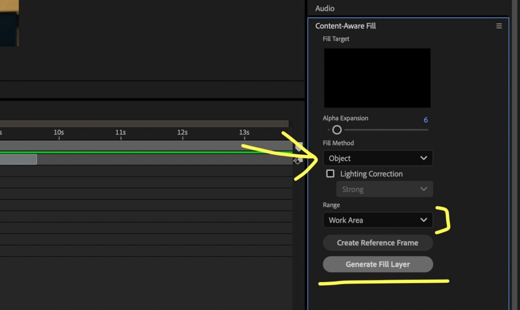 Content-Aware Fill panel showing Object, Work Area, and Generate Fill Layer.