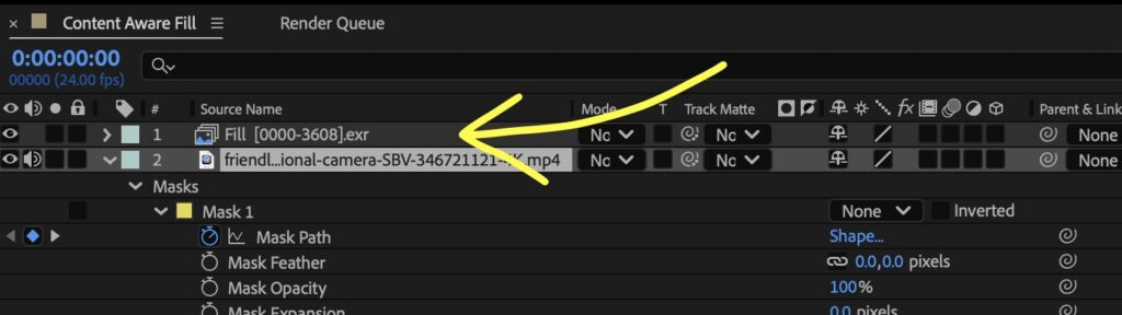 An After Effects generated Fill image-sequence layer above the original footage.