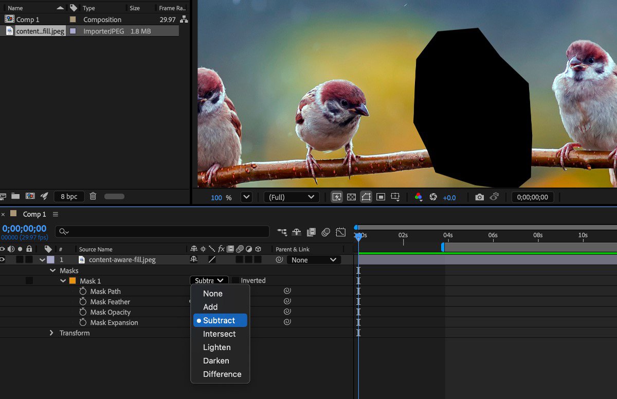 After Effects mask mode menu with Subtract selected on the source footage.