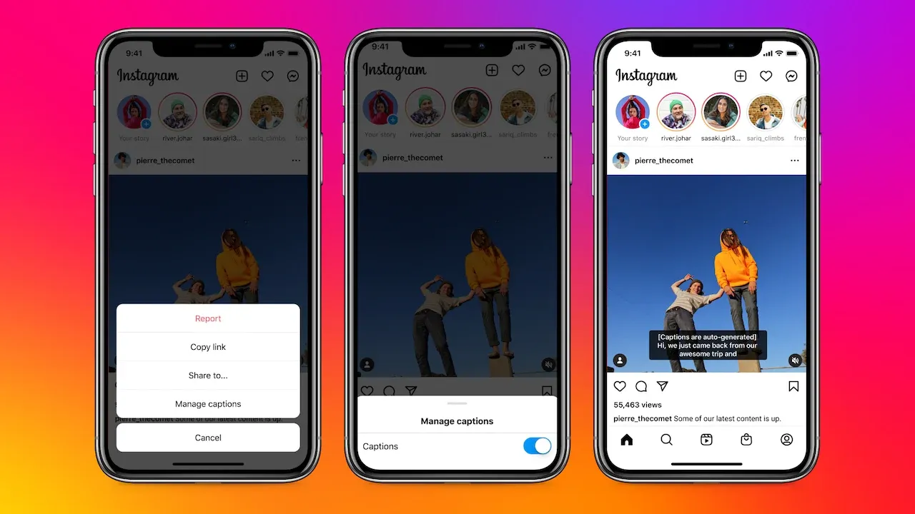 Actual Instagram video interface showing Manage captions, automatic captions over the video, and the post description beneath it