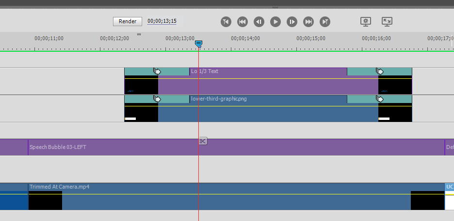 Premiere Elements timeline with separate lower-third text, graphic panel, and footage tracks.