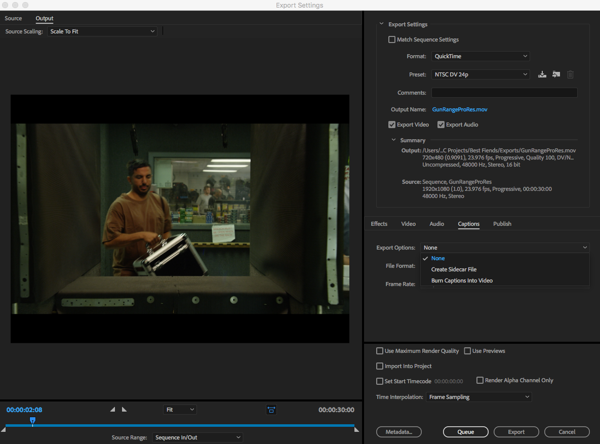 Premiere export dialog with the Captions Export Options menu open and None checked.