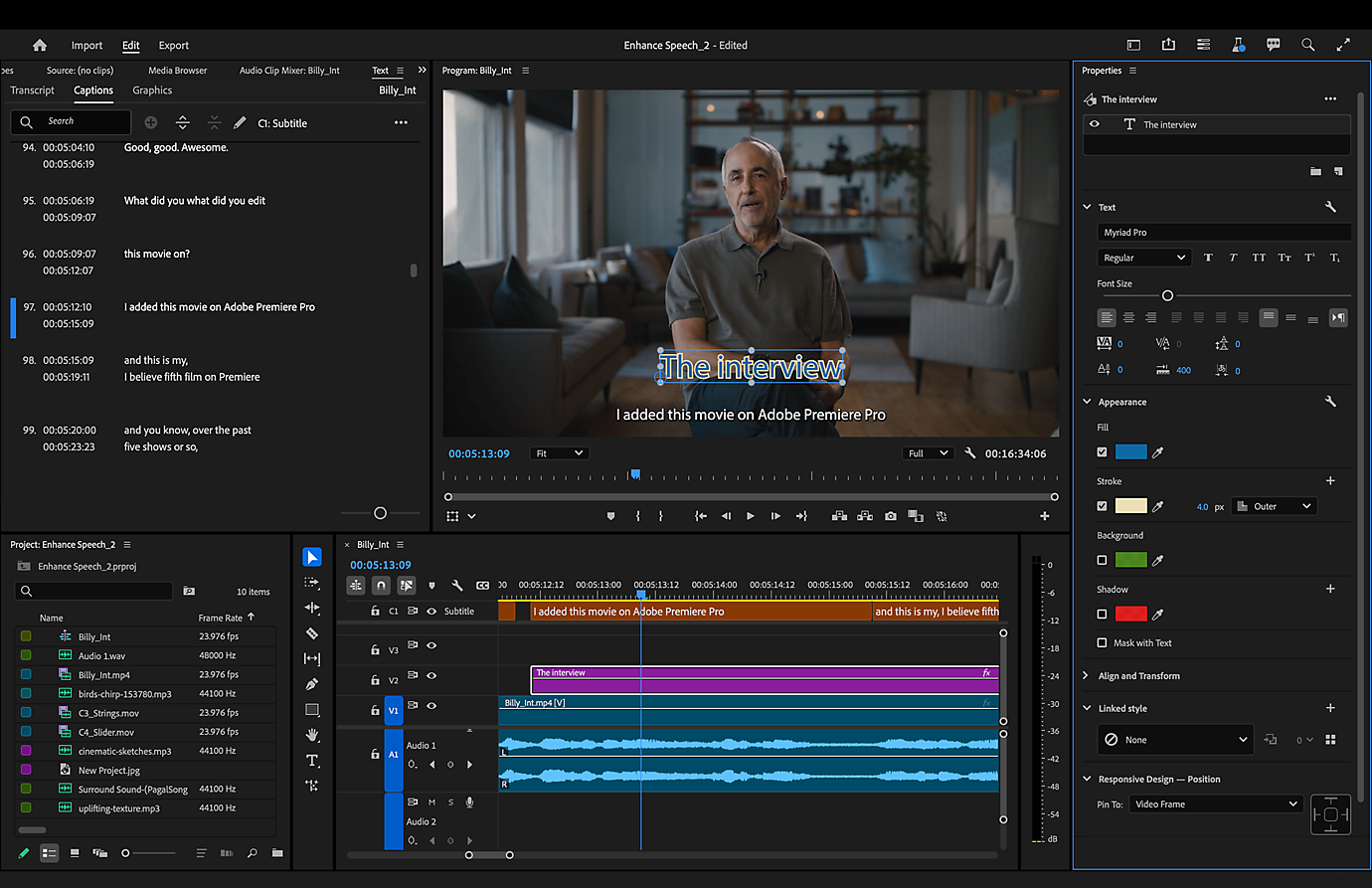 Adobe Premiere timeline with C1 captions, a V2 graphic, V1 footage, and the Properties panel.