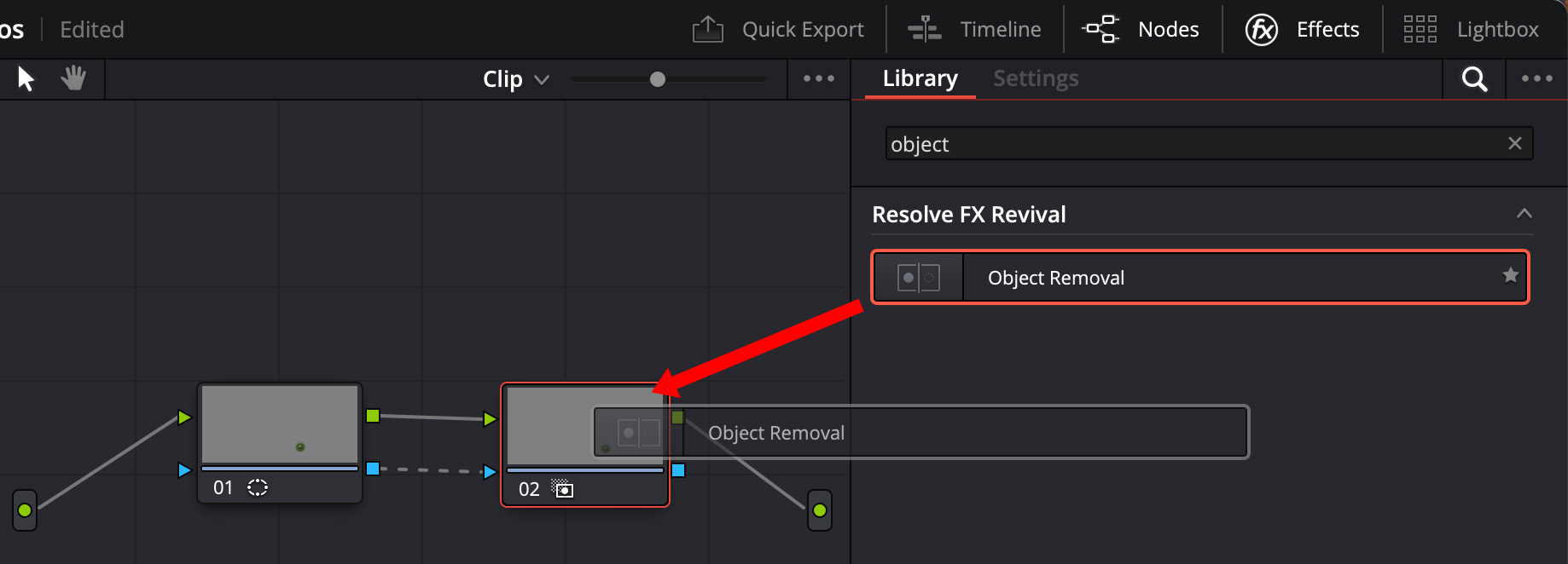 Two Resolve nodes connected by the normal image path and blue key path, with Object Removal applied to node 02.