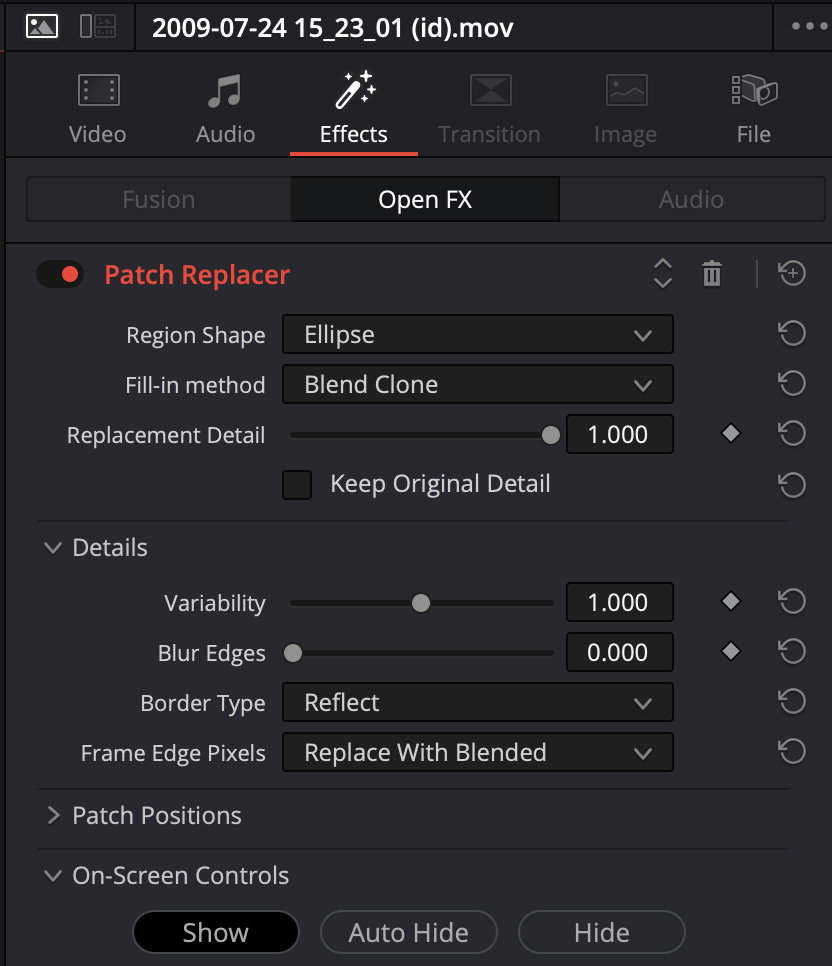 Patch Replacer Open FX controls including region shape, blend clone, edge blur and patch positions.