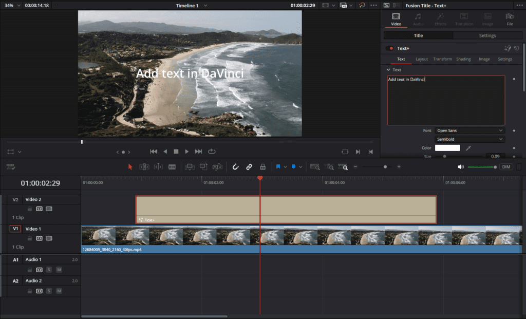 DaVinci Resolve Fusion Title Text+ selected on V2 above V1 footage with the Inspector text field visible.