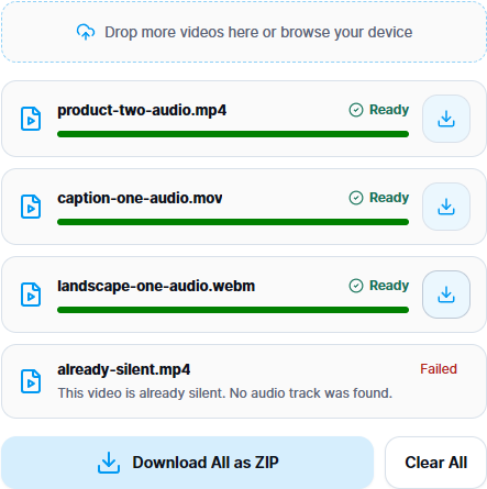 Completed audio removal rows with Ready status, individual download icons and Download All as ZIP