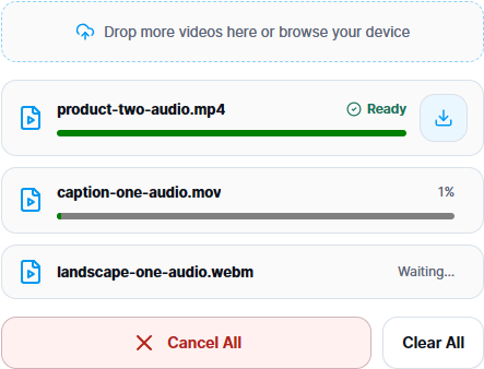 RemoveText.video audio removal workbench with separate rows for the selected videos