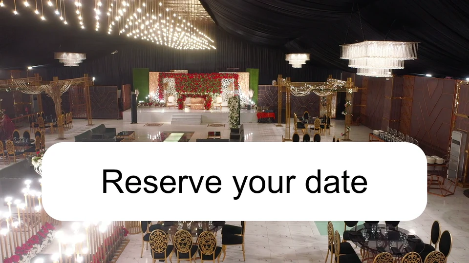 A large white caption box covering tables and chairs in a banquet hall